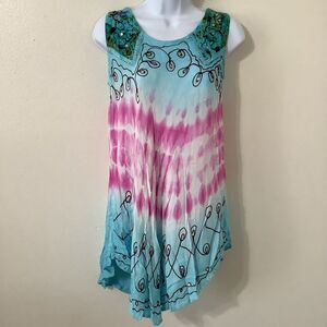 Vintage Blue Tie Dye Fairy Hippie Boho Embroidered Festive Mini Dress Large